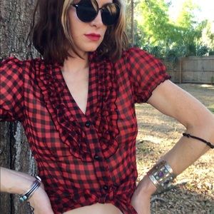 Red and black plaid shear button up top